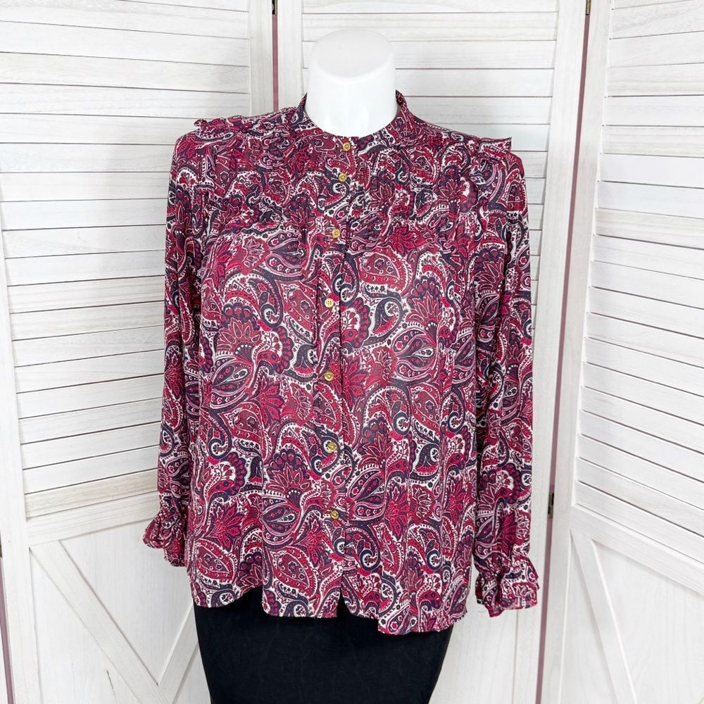 Michael Michael Kors Paisley Ruffled Button Front Blouse Red Blue Large